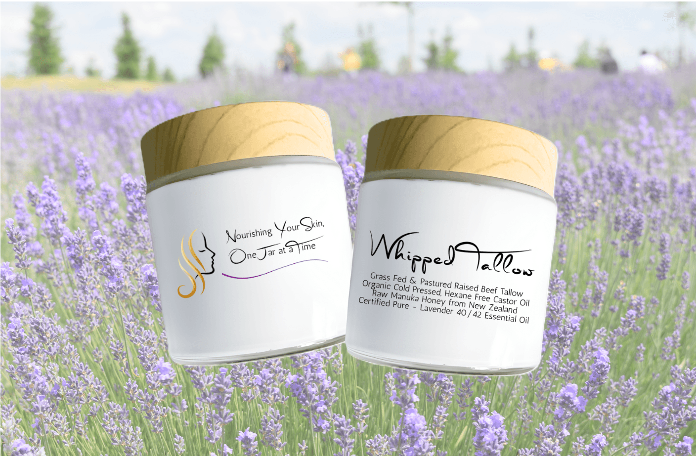 Handcrafted whipped tallow made in small batches, shown in jars in a lavender field.