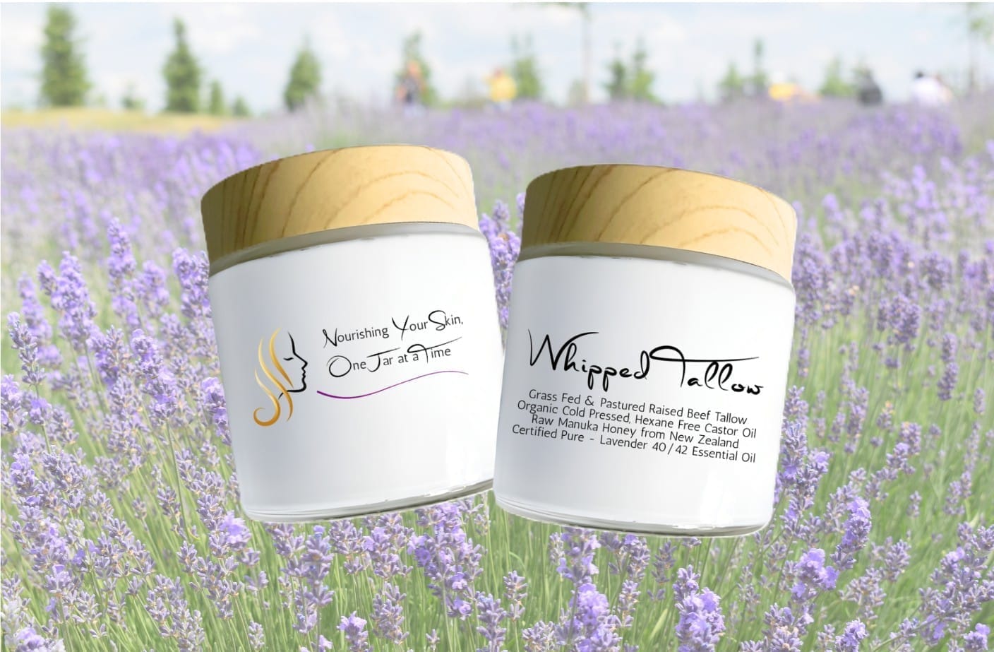Handcrafted whipped tallow made in small batches, shown in jars in a lavender field.