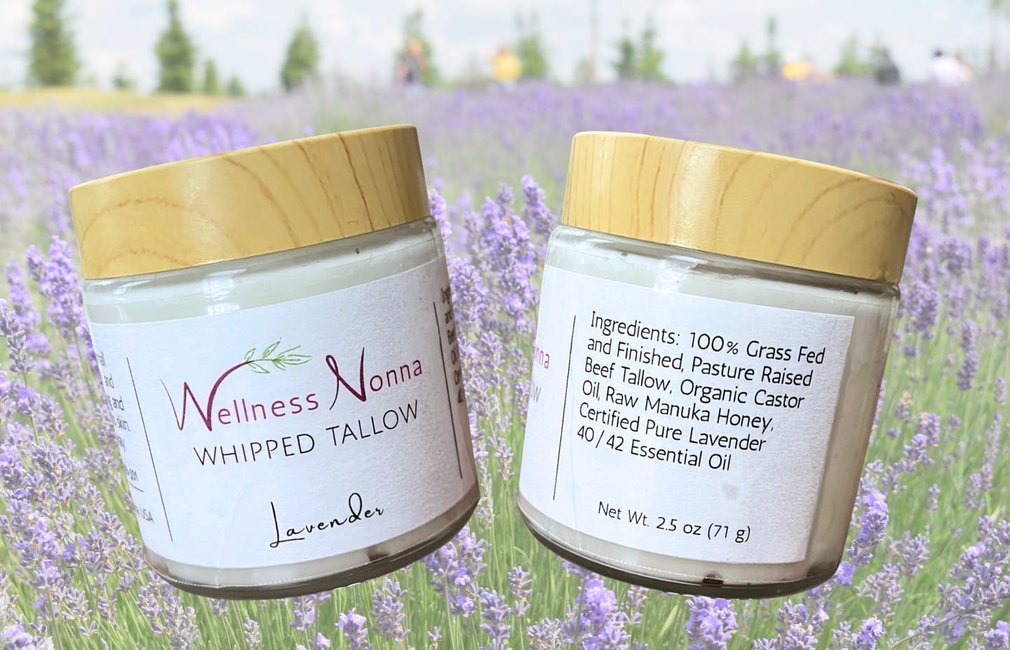 Handcrafted whipped tallow made in small batches, shown in jars in a lavender field.
