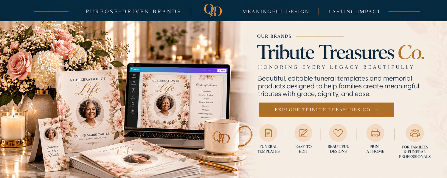 Tribute Treasures Co. brand feature showcasing elegant memorial templates and digital products created by Quaye Digital Designs LLC.