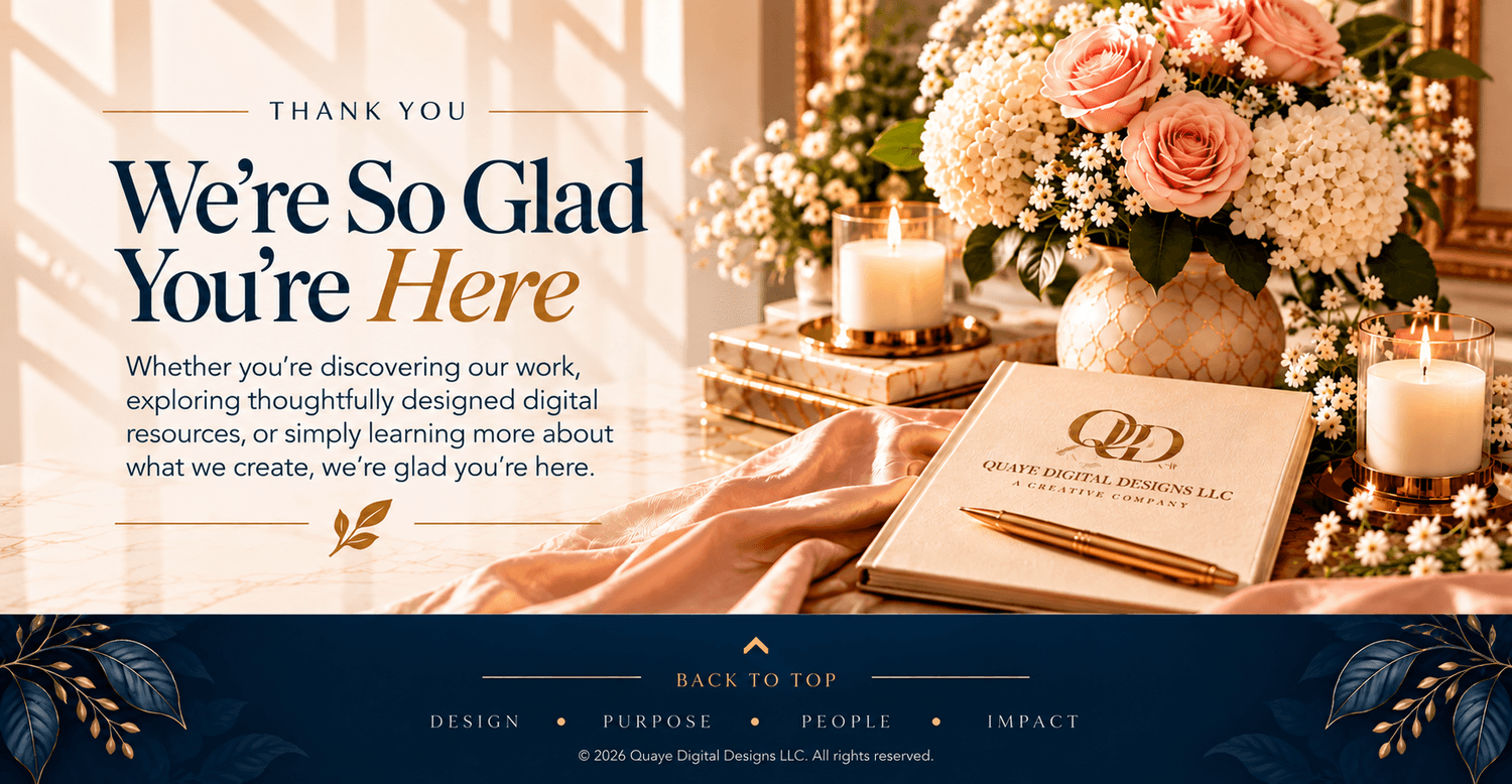 Quaye Digital Designs LLC closing section featuring a warm editorial workspace with blush florals, candlelight, and branded stationery, welcoming visitors to explore the company’s work and digital brands.