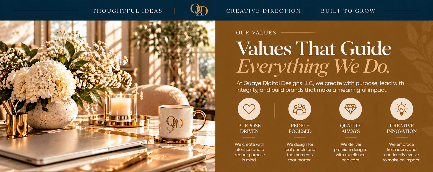 Quaye Digital Designs LLC values section highlighting purpose-driven, people-focused, quality, creative, and lasting-impact principles.