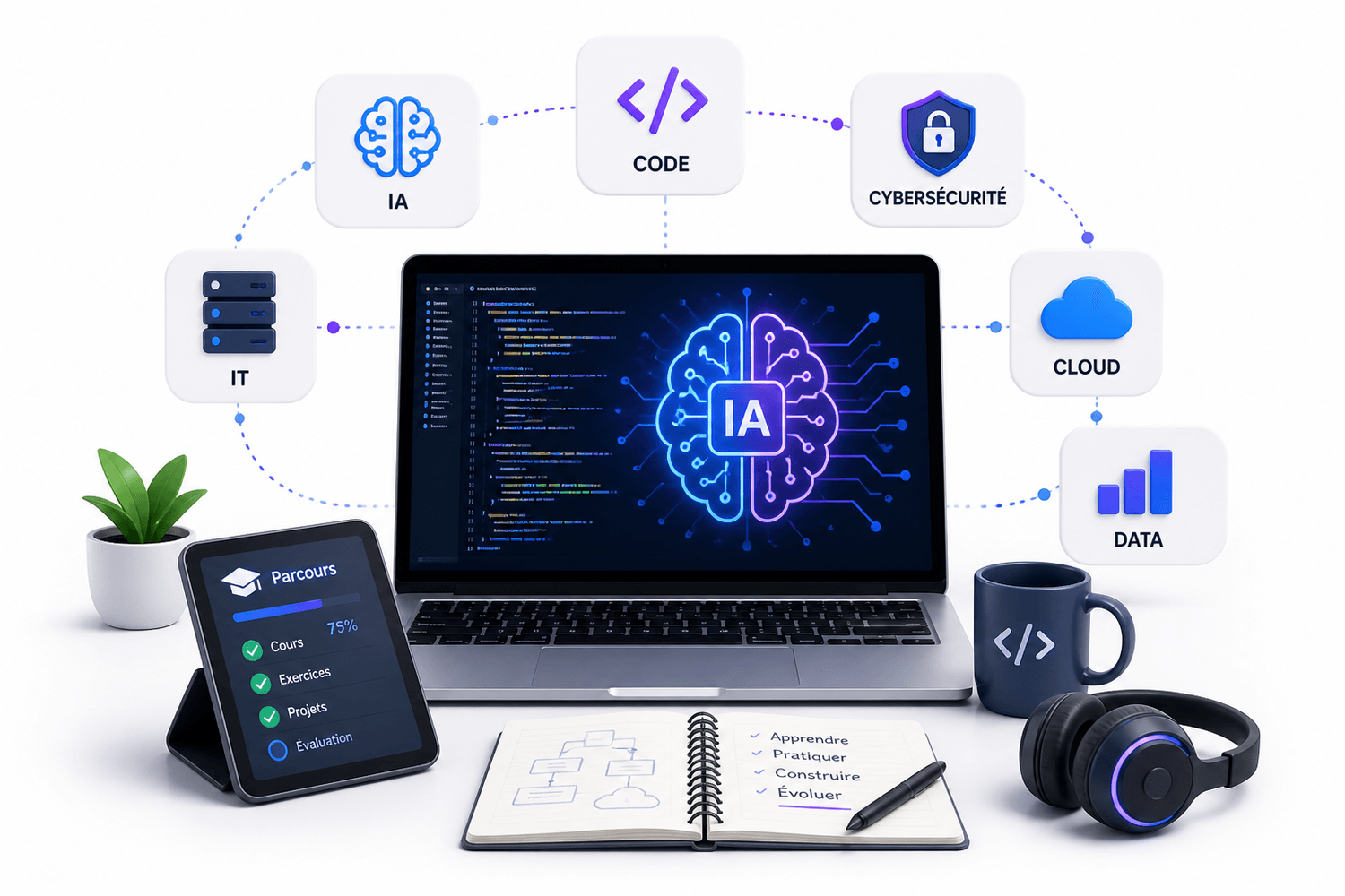 Innovation numérique IA cybersécurité IT code et cloud avec Apprendre Maintenant