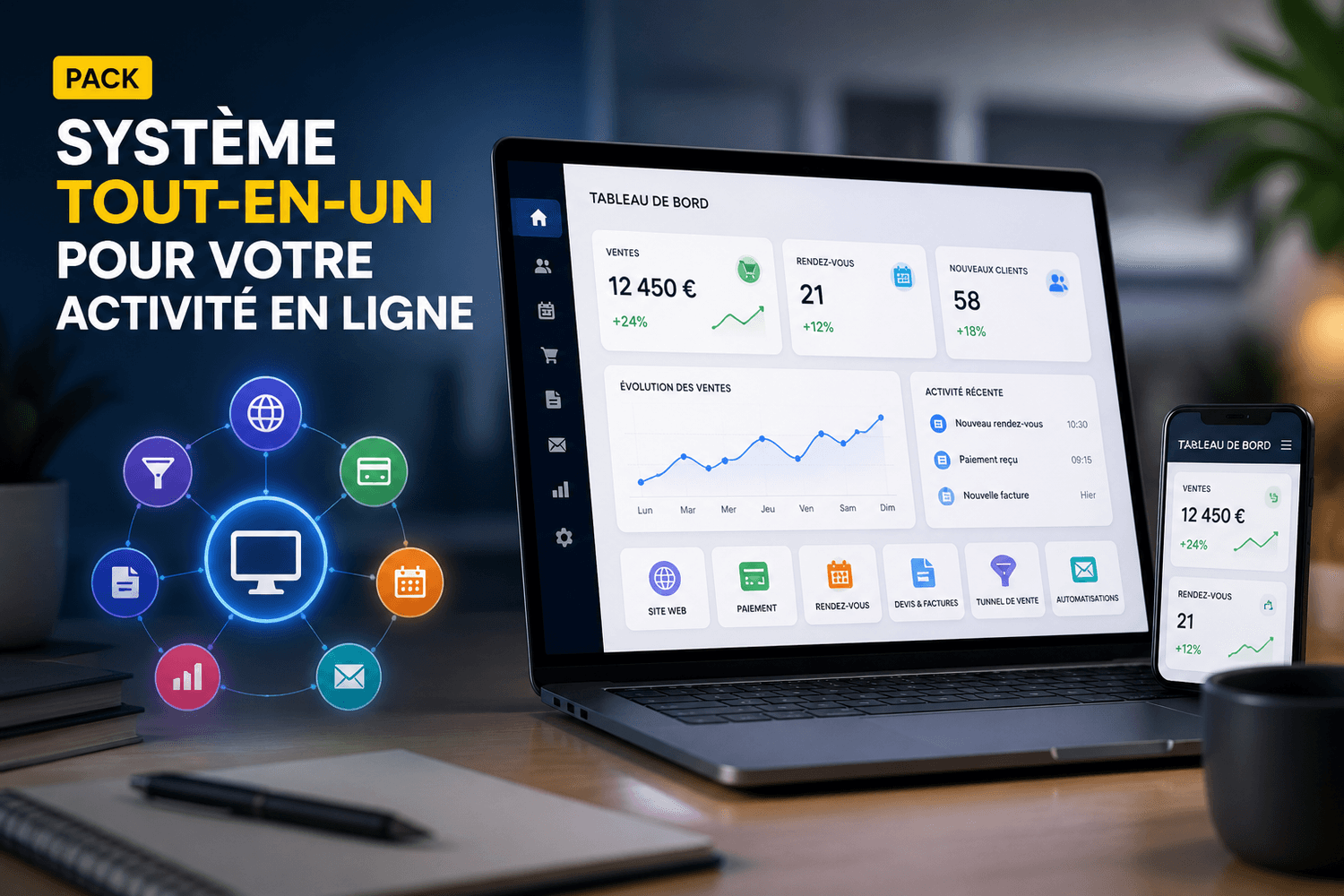 Formation présence web avec site agenda paiement devis factures tunnel de vente et automatisations