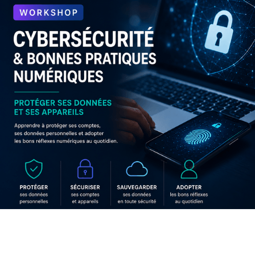 Visuel du workshop Cybersécurité et bonnes pratiques numériques pour apprendre à protéger ses comptes, reconnaître les arnaques en ligne et sécuriser ses usages numériques avec Apprendre Maintenant