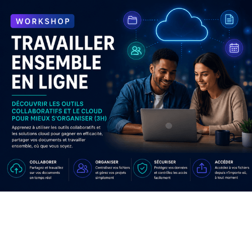 Visuel du workshop Travailler ensemble en ligne pour apprendre à utiliser le cloud, partager des fichiers, coéditer des documents et collaborer à distance avec Apprendre Maintenant