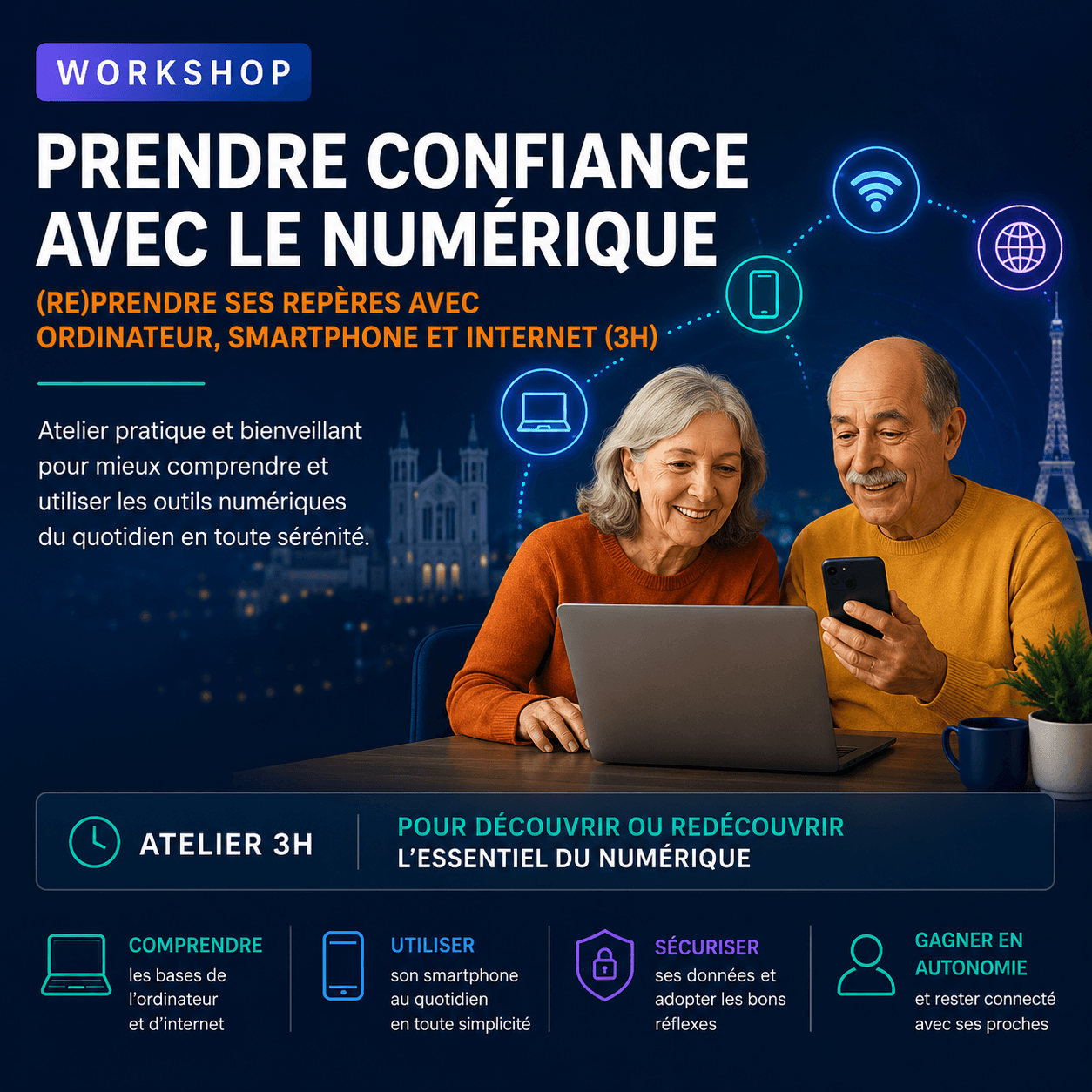 Visuel du workshop Prendre confiance avec le numérique pour apprendre à utiliser un ordinateur, un smartphone, Internet, les e-mails et les fichiers du quotidien