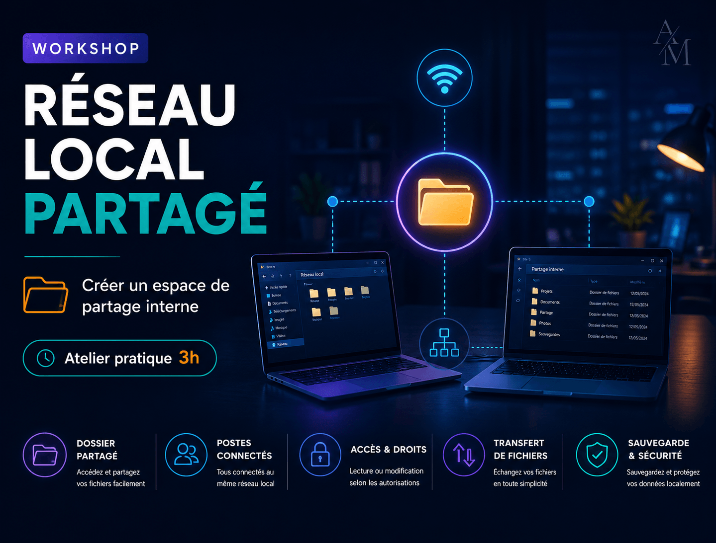 Visuel du workshop Réseau local partagé pour apprendre à créer un dossier partagé, gérer les accès et échanger des fichiers entre plusieurs postes