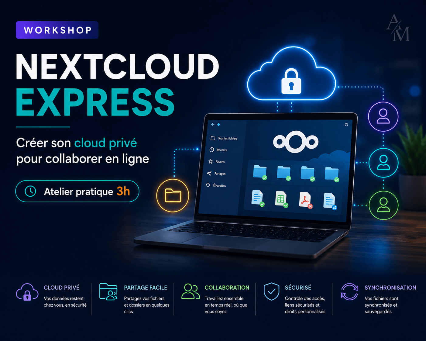 Visuel du workshop Nextcloud Express pour découvrir le cloud privé, partager des fichiers, gérer les accès et collaborer en ligne simplement