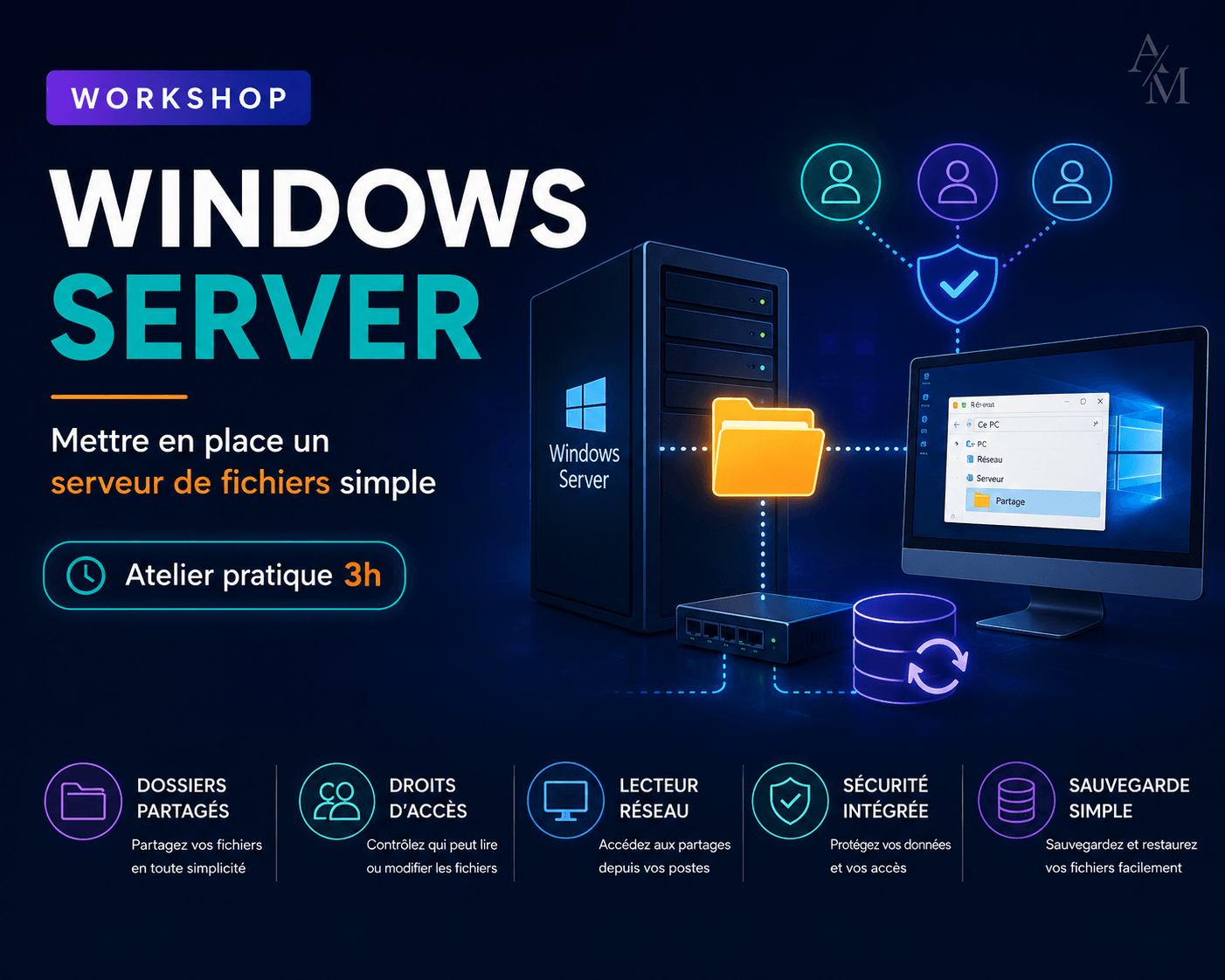 Visuel du workshop Windows Server pour découvrir le serveur de fichiers, créer des partages, gérer les droits et tester un poste client