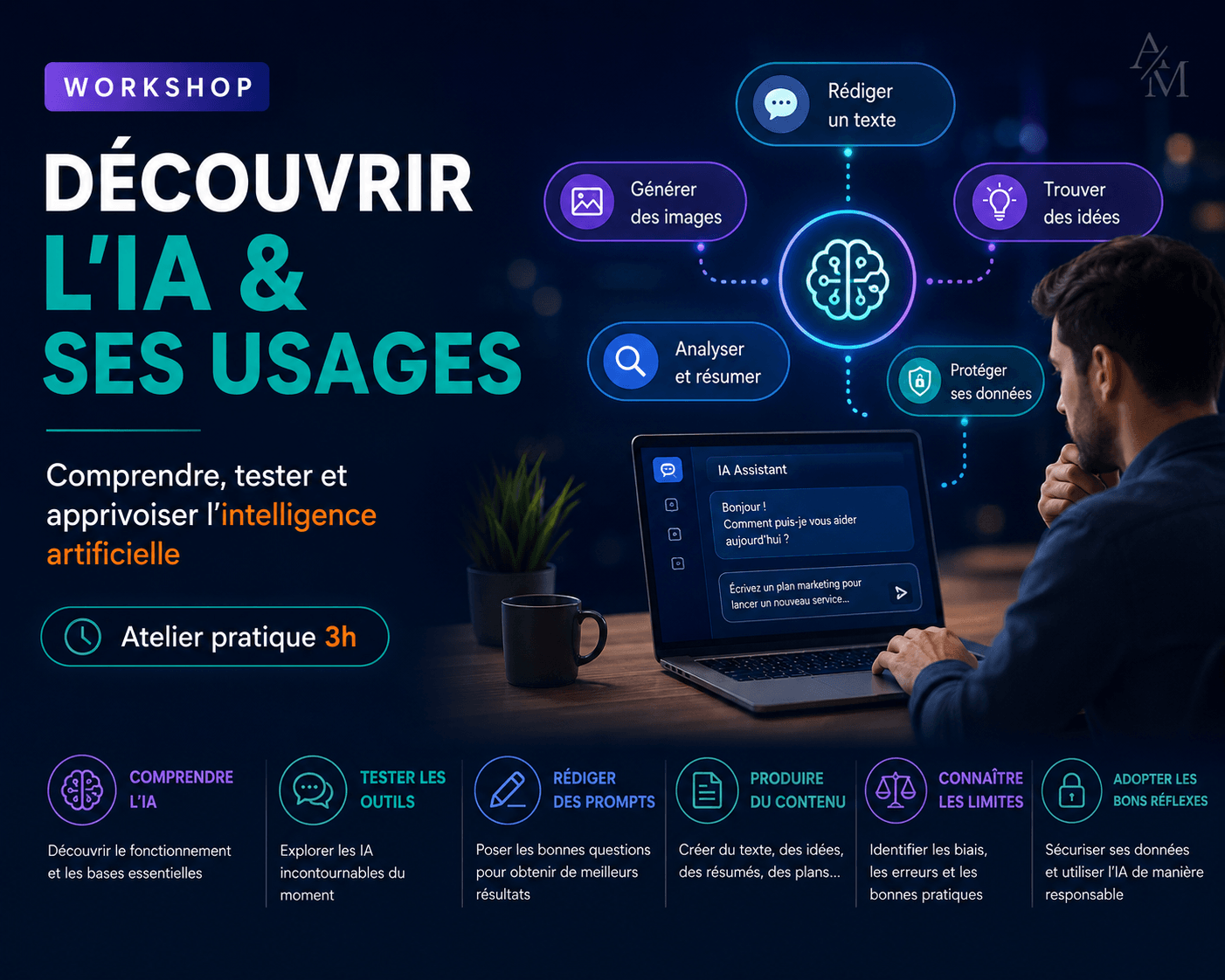 Découvrir l’IA & ses usages, Visuel du workshop Découvrir l’IA et ses usages pour comprendre l’intelligence artificielle, tester les outils du moment et rédiger ses premiers prompts utiles