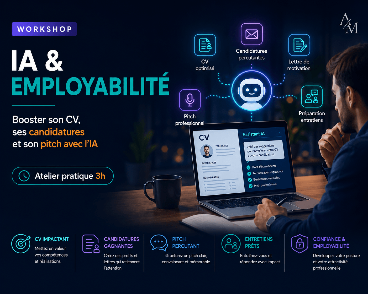 Visuel du workshop IA et employabilité pour apprendre à améliorer son CV, préparer ses candidatures, rédiger une lettre de motivation et construire un pitch professionnel avec l’intelligence artificielle