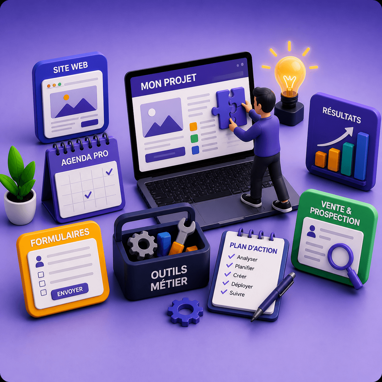 Visuel 3D illustrant un atelier numérique professionnel avec ordinateur, site web, agenda, formulaires, outils métier, plan d’action, vente et prospection, pour apprendre à structurer un projet digital.