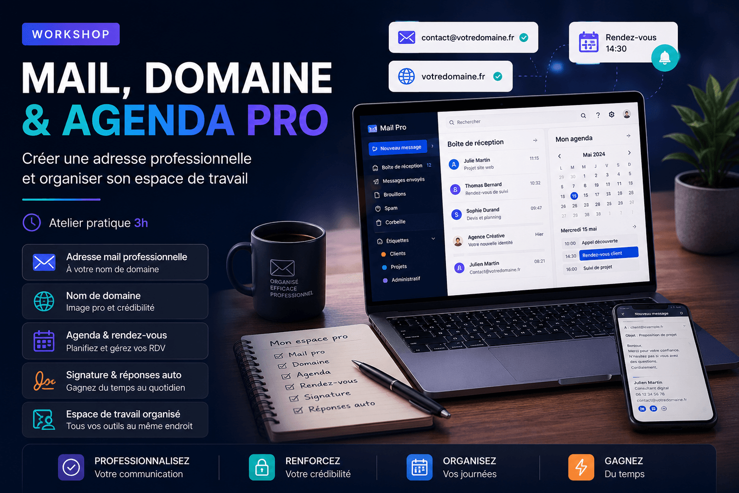 Visuel du workshop Mail domaine et agenda pro pour apprendre à créer une adresse professionnelle, organiser un agenda et préparer un espace de travail numérique