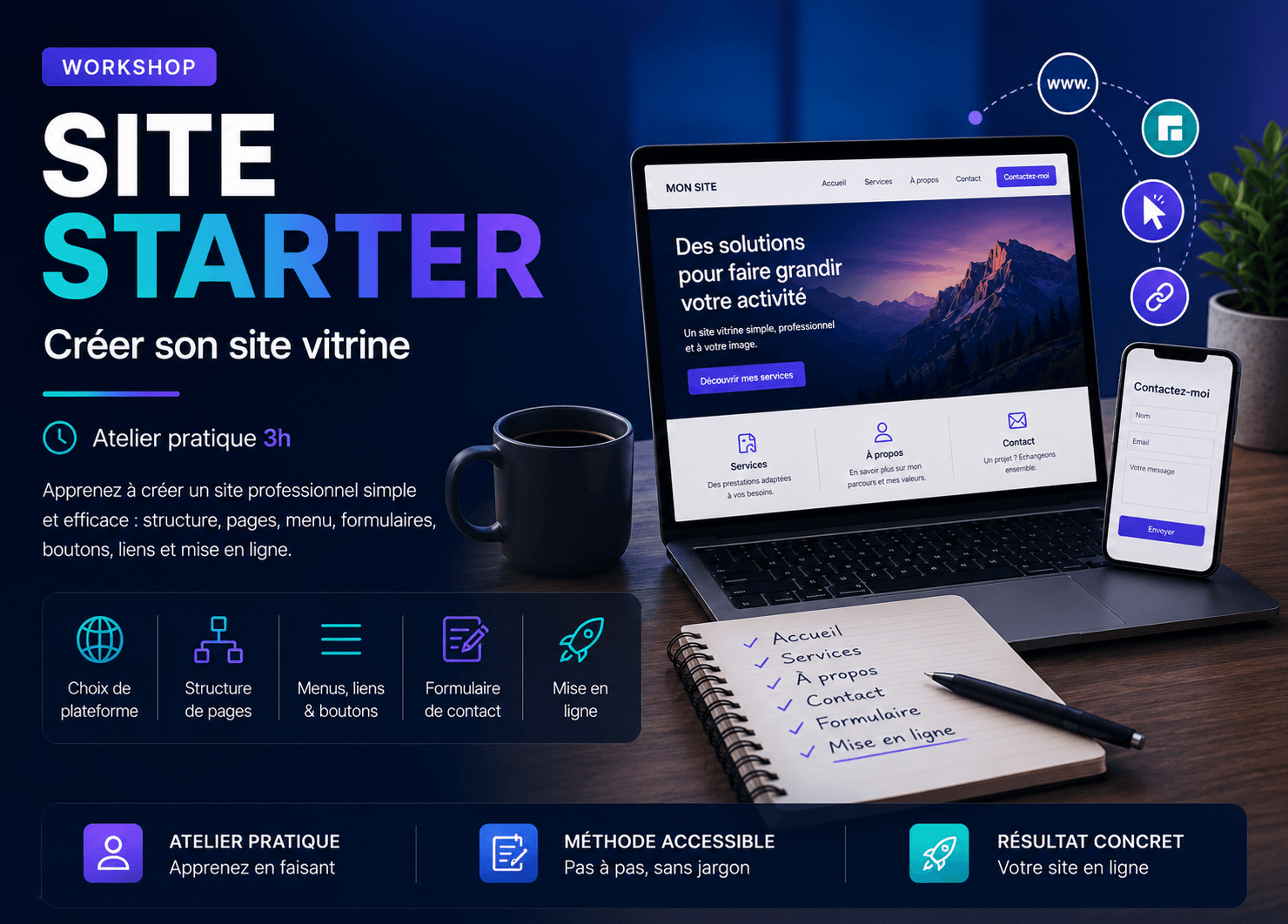 Visuel du workshop Site Starter pour apprendre à créer un site vitrine simple, structurer ses pages et préparer sa présence en ligne