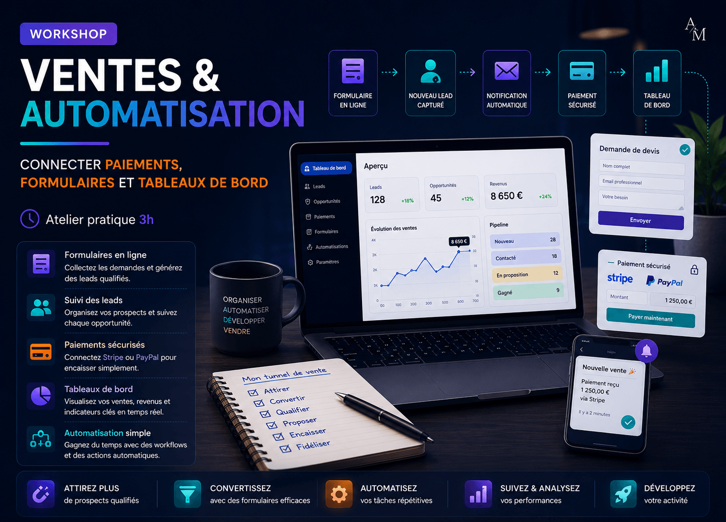 Visuel du workshop Ventes et automatisation pour apprendre à connecter formulaires, paiements, suivi des contacts et mini-tableau de bord commercial