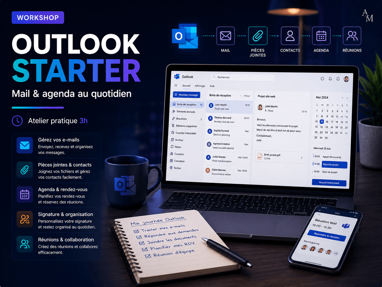 Visuel du workshop Outlook Starter pour apprendre à envoyer un e-mail, ajouter une pièce jointe, créer un contact, gérer une signature et organiser un rendez-vous dans Outlook