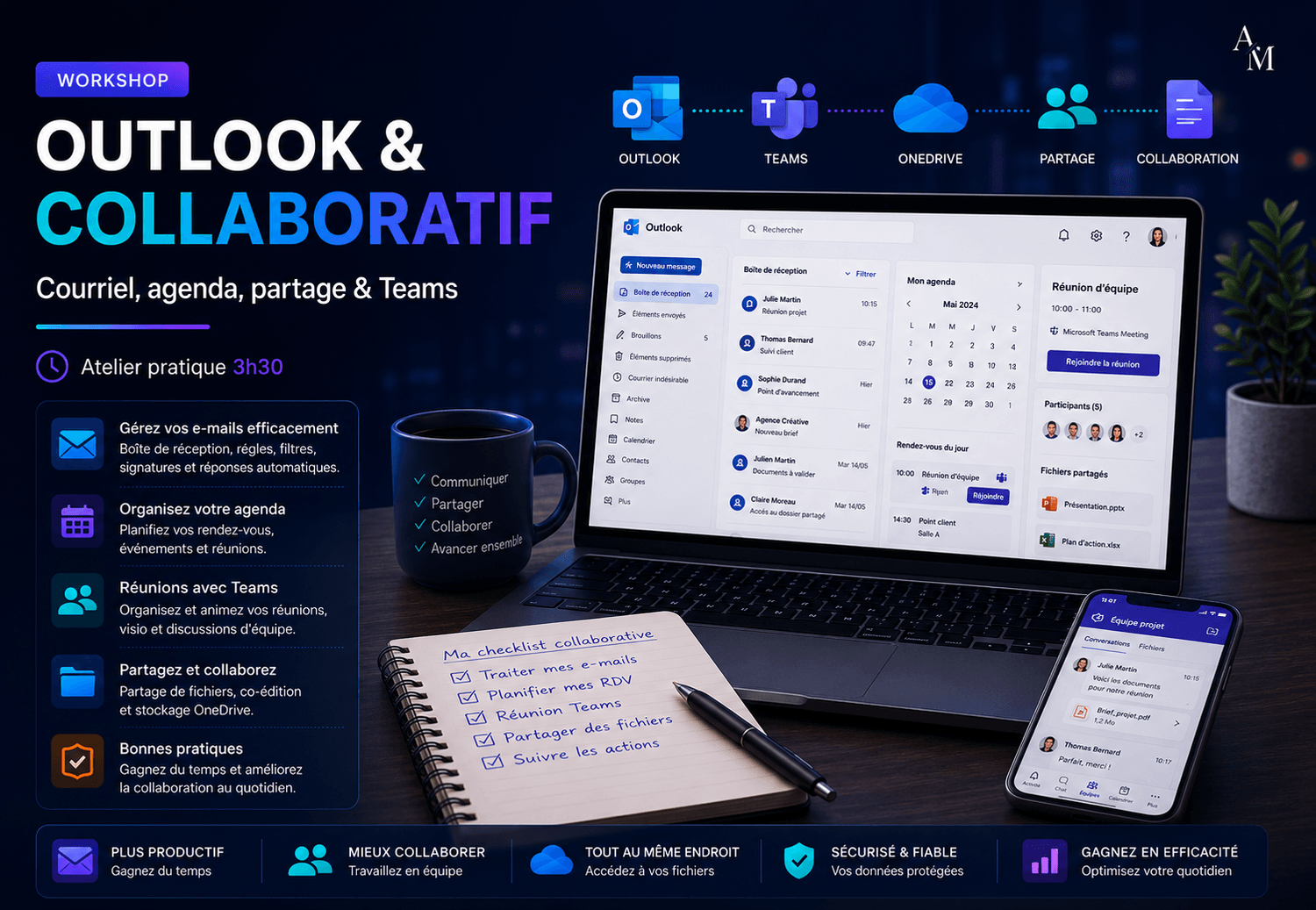 Visuel du workshop Outlook & collaboratif pour apprendre à gérer Outlook, automatiser des e-mails, partager des fichiers avec OneDrive ou Google Drive et organiser une réunion Teams