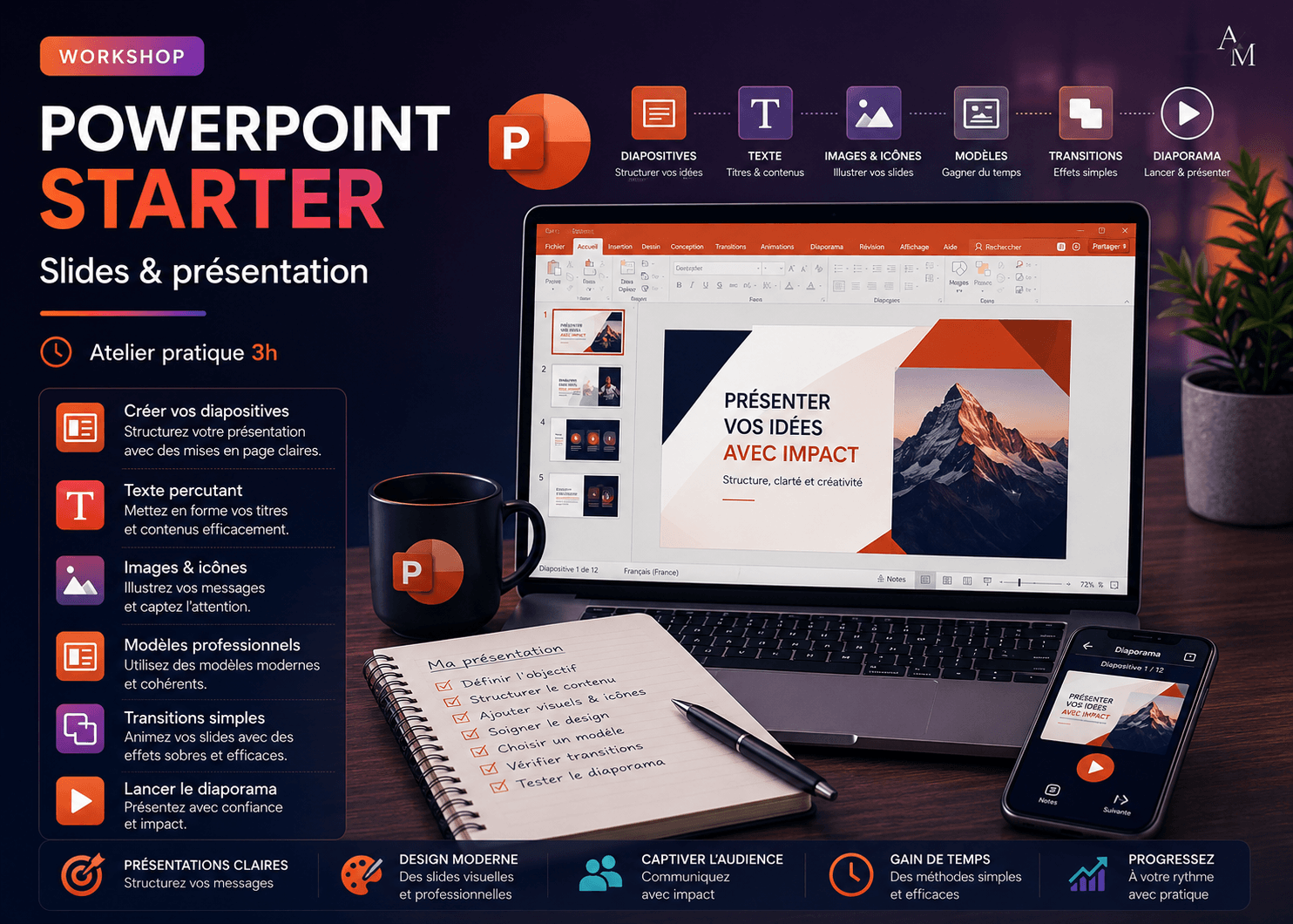 Visuel du workshop PowerPoint Starter pour apprendre à créer une présentation simple, ajouter du texte, des images, des transitions et lancer un diaporama