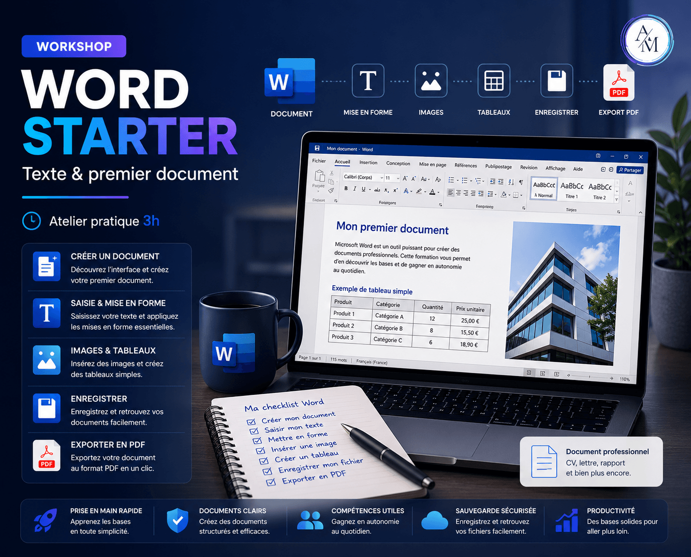 Visuel du workshop Word Starter pour apprendre à créer un premier document Word, saisir du texte, mettre en forme, insérer une image ou un tableau et exporter en PDF
