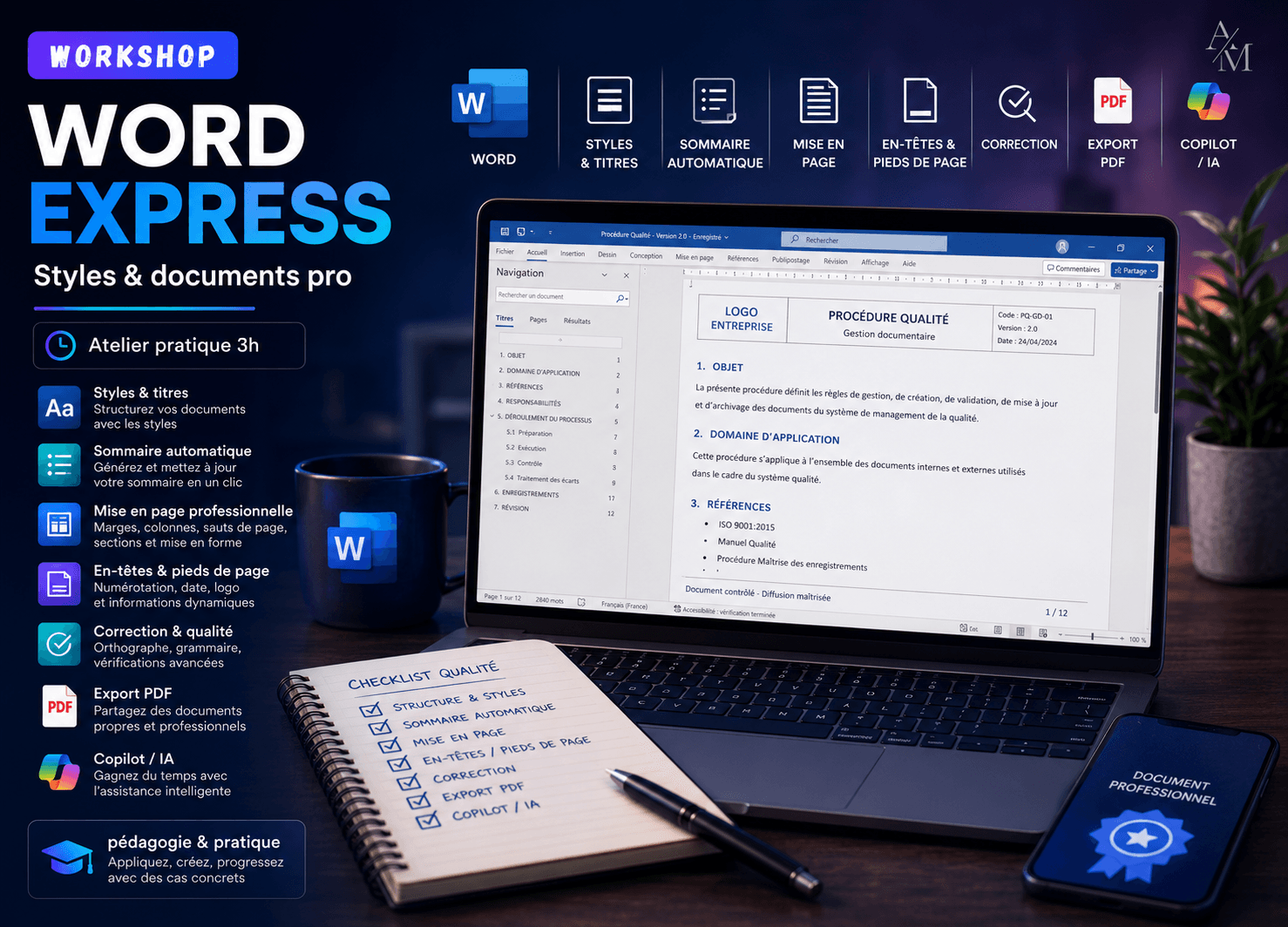 Visuel du workshop Word Express pour apprendre à structurer un document professionnel avec styles, sommaire, en-têtes, pieds de page, pagination et export propre