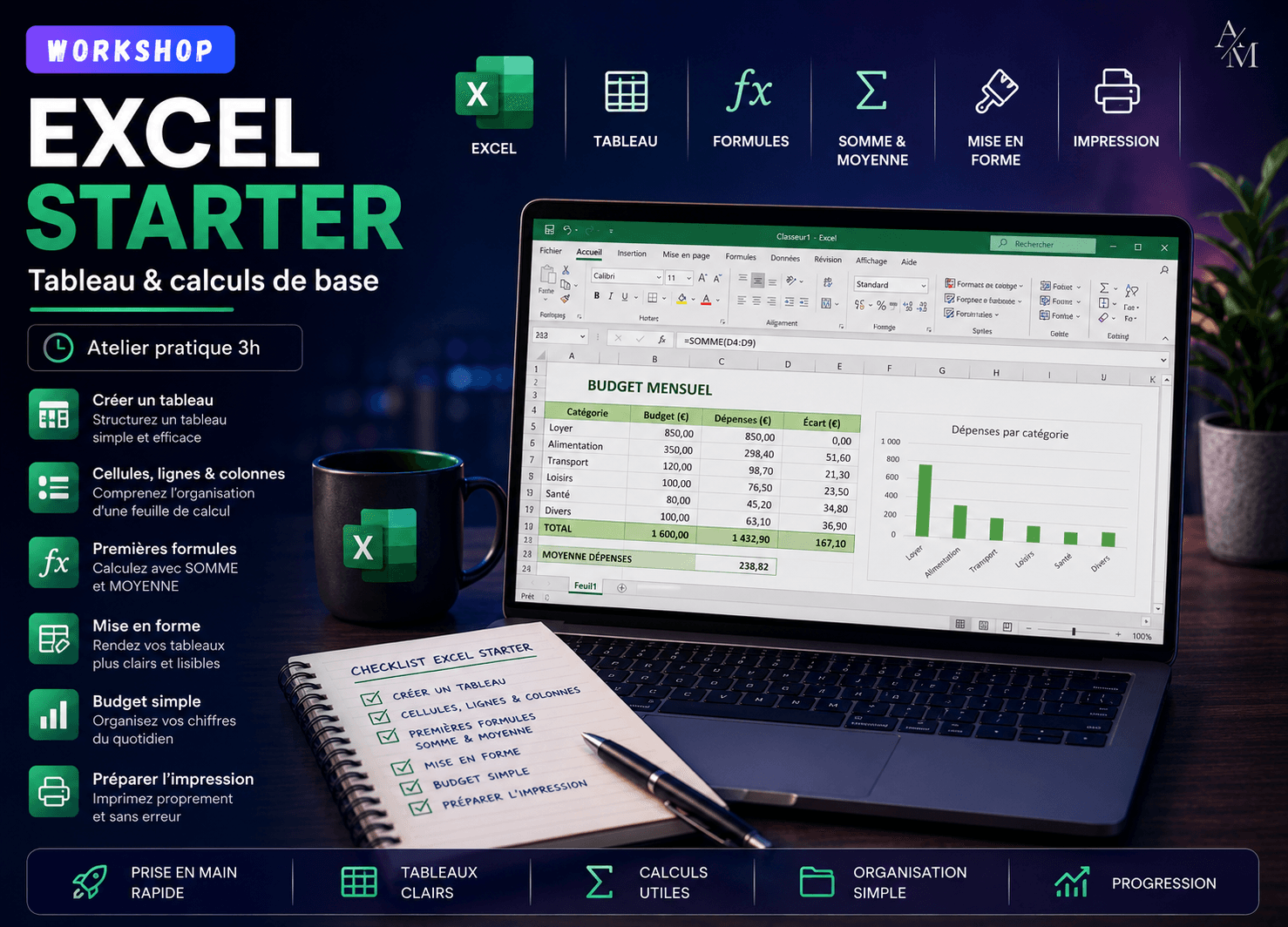 Visuel du workshop Excel Starter pour apprendre à créer un tableau, saisir des données, utiliser les formules de base, mettre en forme et préparer l’impression dans Excel