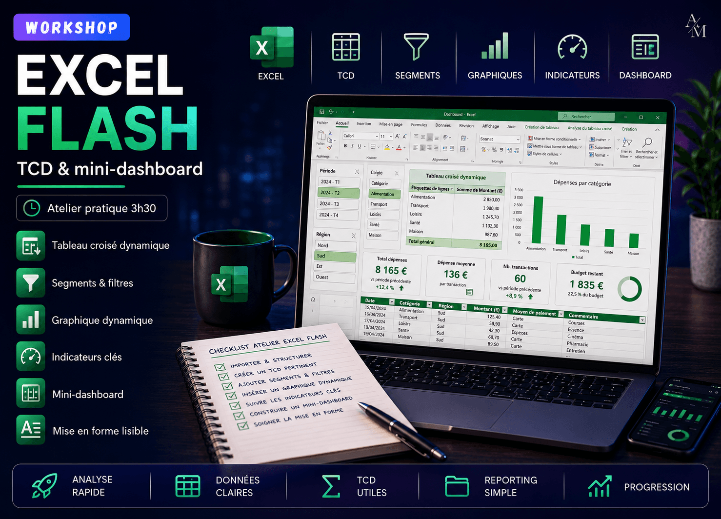 Visuel du workshop Excel Flash pour apprendre à créer un tableau croisé dynamique, ajouter des segments, générer un graphique interactif et construire un mini-dashboard Excel