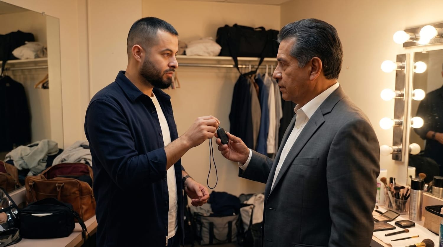 El estratega entrega el pinganillo al candidato antes del evento