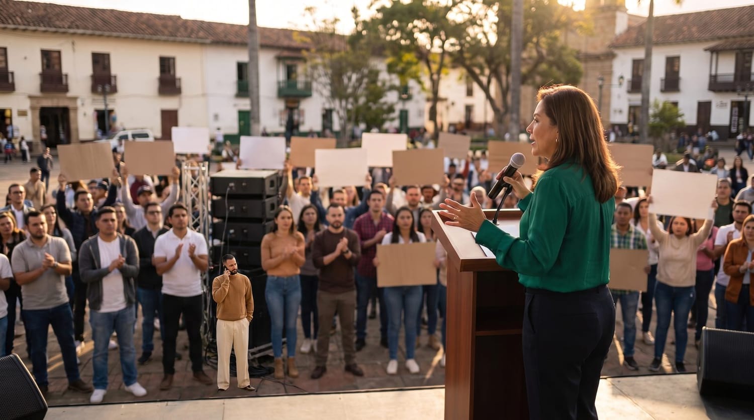 Candidata en tarima con el estratega detrás del escenario