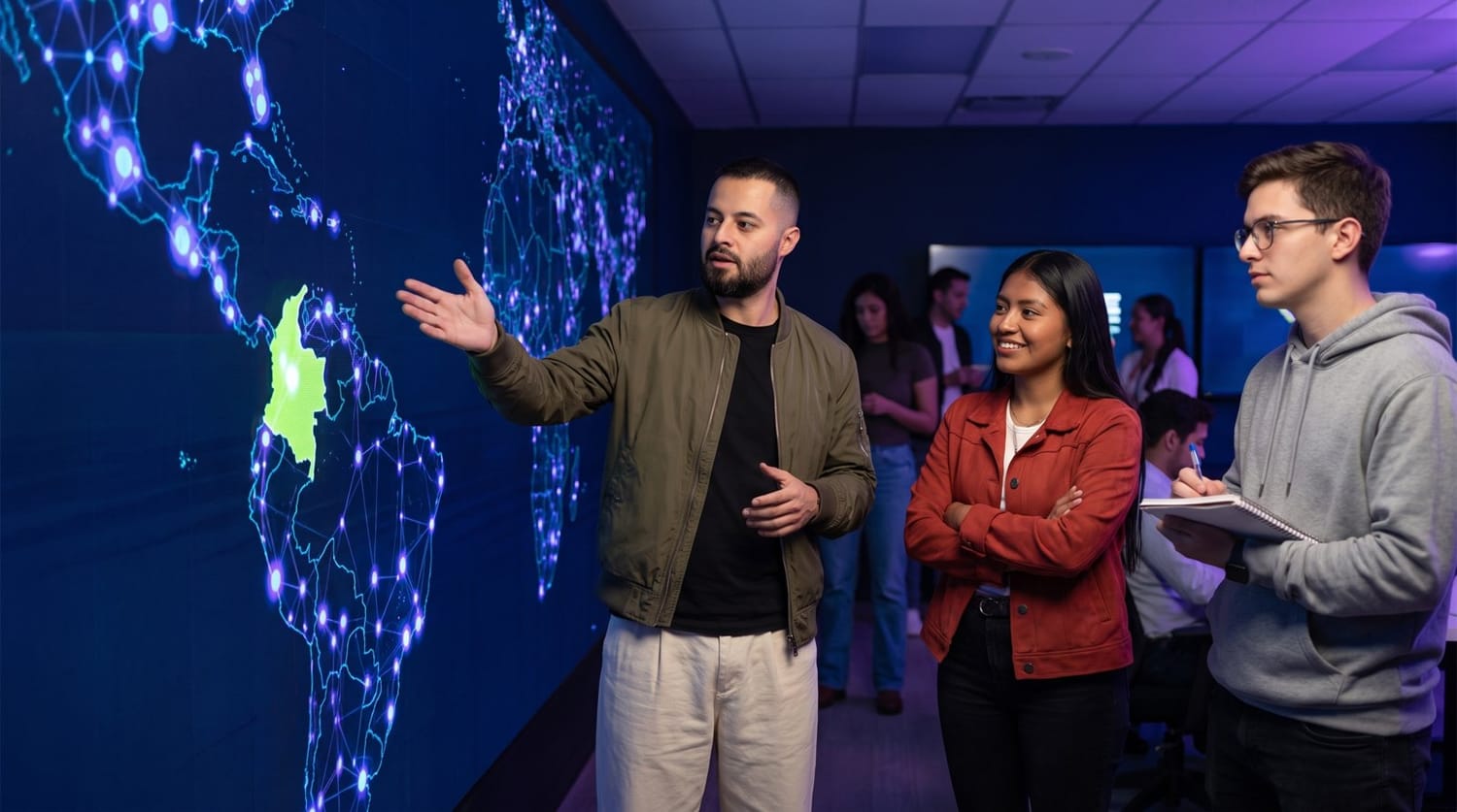 Roger Toro explica en una pantalla el mapa de la conversación a una candidata y su equipo de campaña
