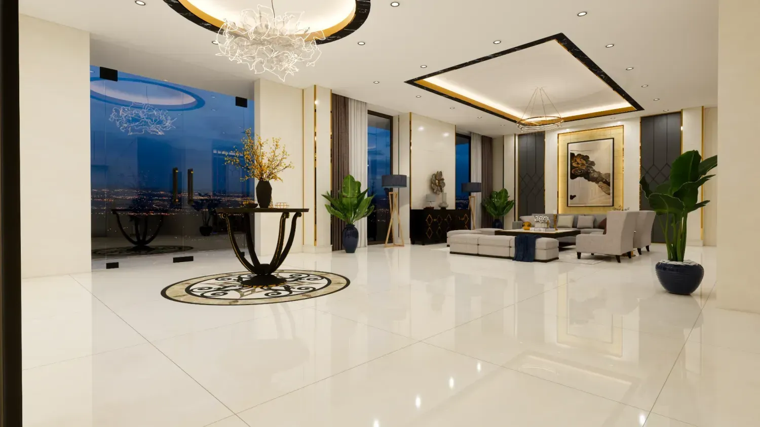 Soft Beige — lounge alanı zemin uygulaması