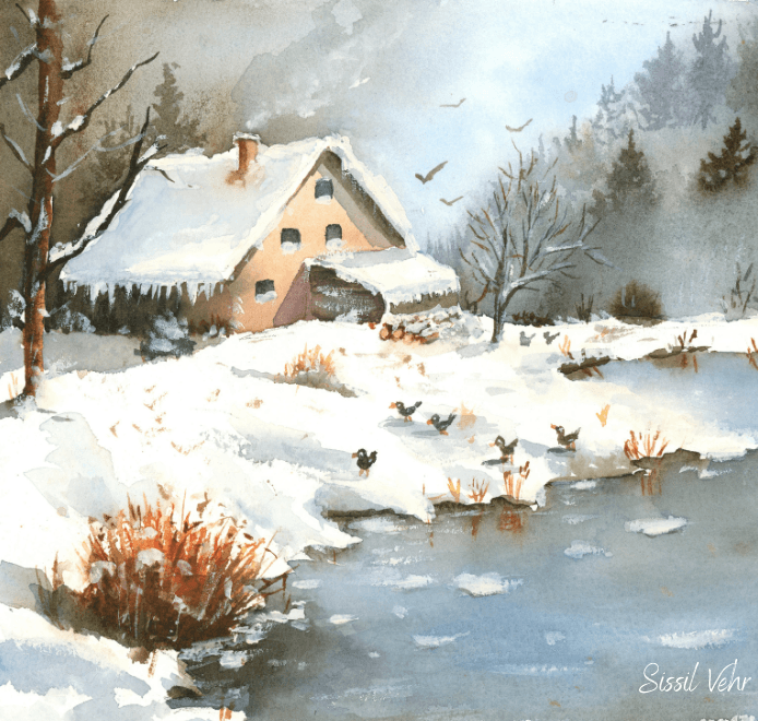 Illustration d'une aquarelle de paysage enneigé pour cours en ligne sissil vehr