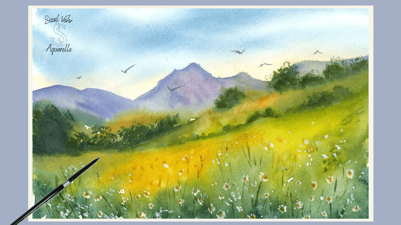 Aquarelle paysage de montagne fleuri et lumineux, avec effet de profondeur et de lumière de printemps.