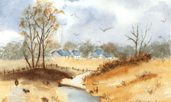Le pont du champ doré – paysage d’automne lumineux à l’aquarelle