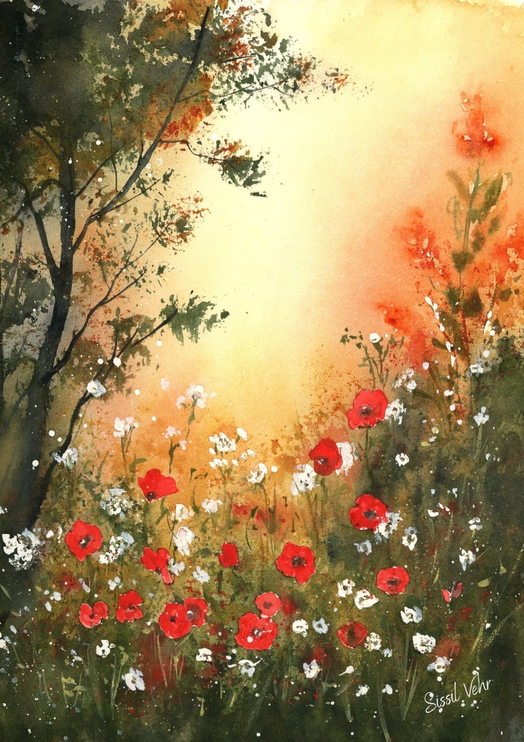Aquarelle champ de coquelicots lumineux. Tuto sans esquisse , lavis spontanés., cours en ligne de Sissil Vehr