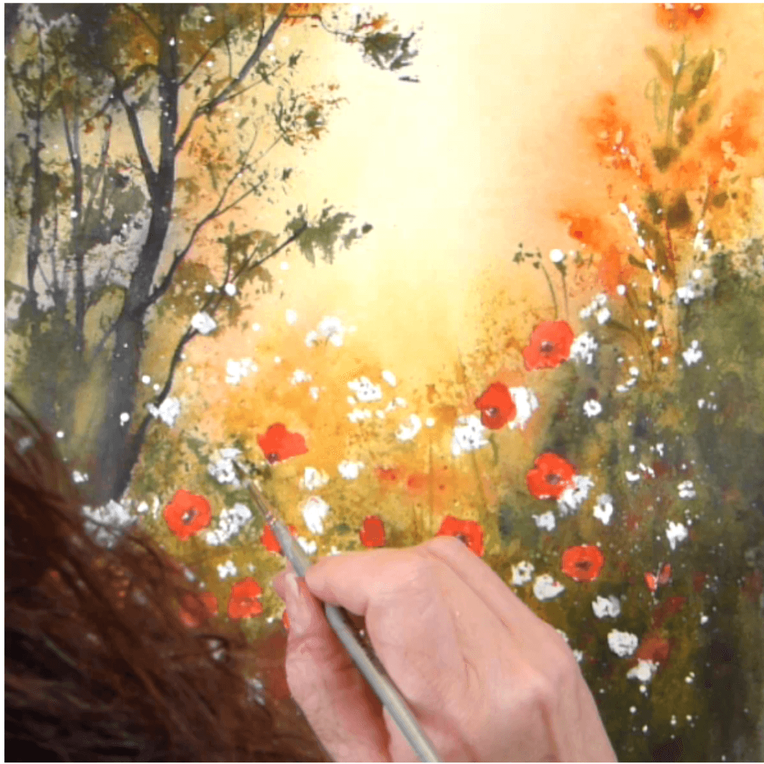 Construction du paysage à l’aquarelle avec l’arbre et les coquelicots sous une lumière dorée