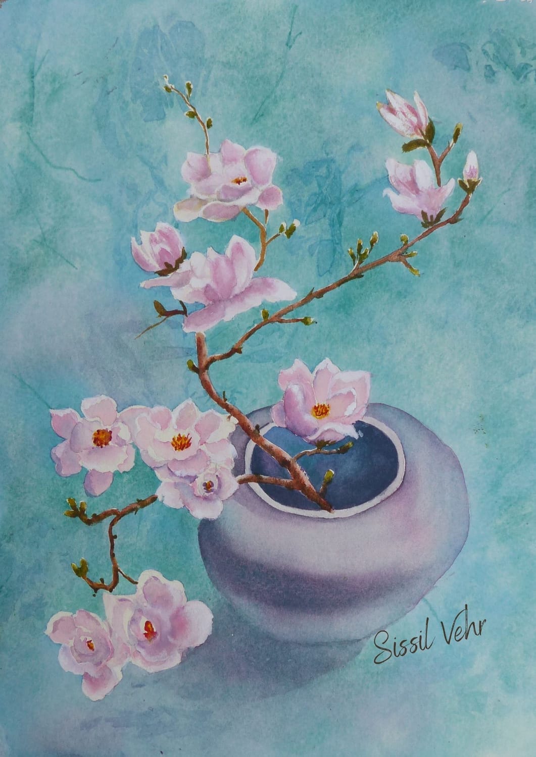 Aquarelle d’une branche de magnolias roses dans un vase, cours en ligne de Sissil Vehr
