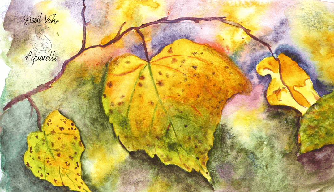 Aquarelle feuilles d’automne dorées – peinture lumineuse et poétique, Sissil Vehr Aquarelle