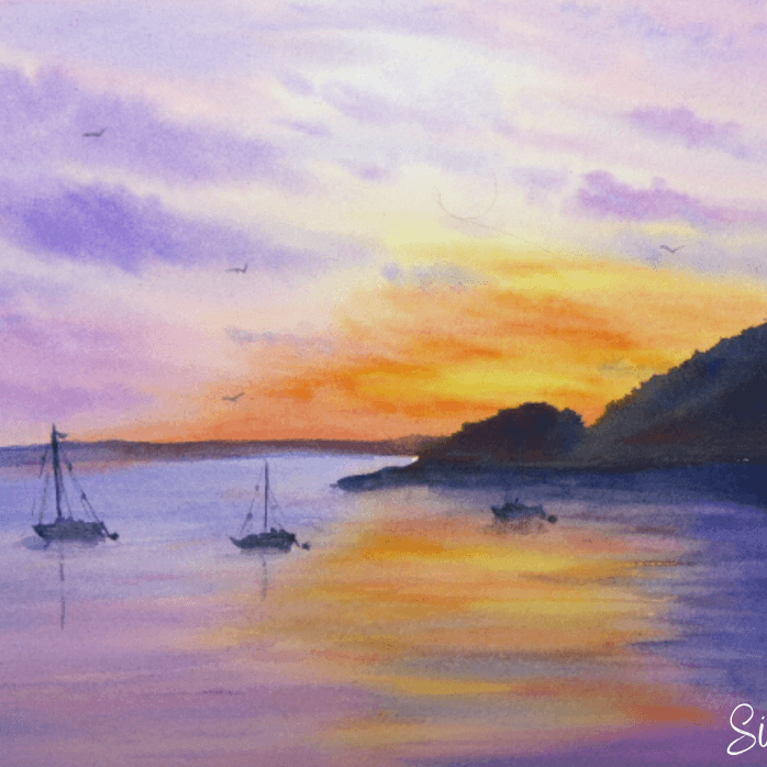 Coucher de Soleil sur la Mer et les Reflets – paysage lumineux à l’aquarelle