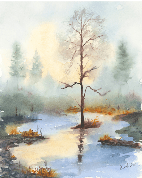 Paysage brumeux à l’aquarelle avec lumière douce, reflets et arbre central