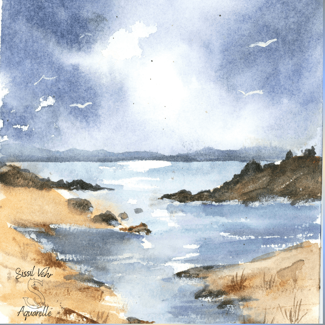 Paysage de bord de mer en Bretagne à l’aquarelle avec ciel doux et horizon