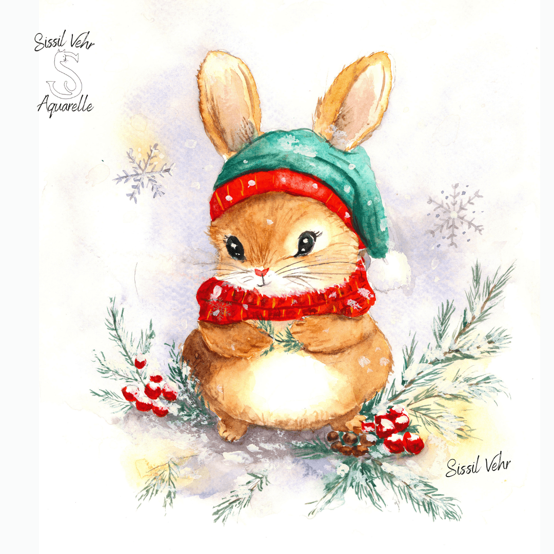 Petit lapin imaginaire à l’aquarelle dans une ambiance d’hiver