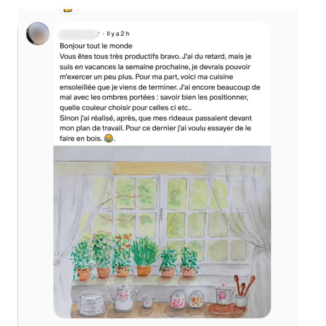 Capture d’écran d’un retour d’élève sur une aquarelle d’intérieur avec fenêtre et plantes