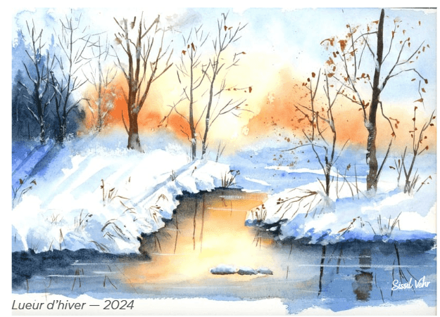 Paysage d’hiver à l’aquarelle Lueur d’hiver par Sissil Vehr
