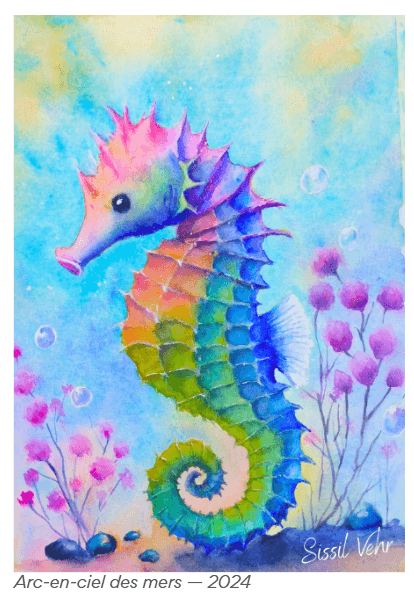 Aquarelle d’hippocampe Arc-en-ciel des mers par Sissil Vehr