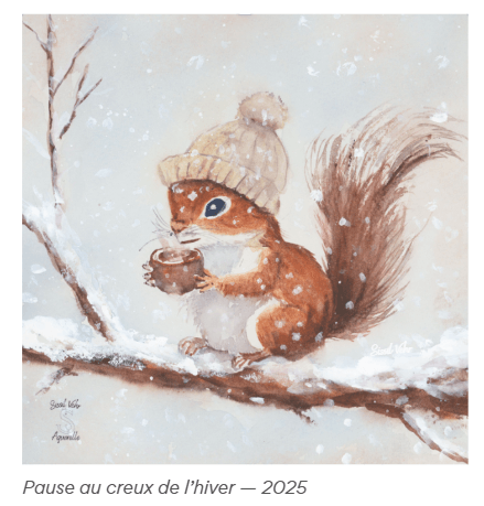 Aquarelle d’écureuil en hiver buvant une boisson chaude, Pause au creux de l’hiver, par Sissil Vehr