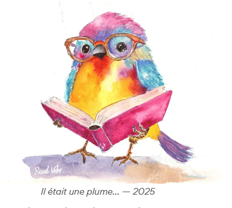 Aquarelle d’oiseau lecteur coloré avec un livre, Il était une plume, par Sissil Vehr