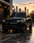 Detailed black Range Rover parked on a wet driveway at sunset with the Houston skyline in the background
